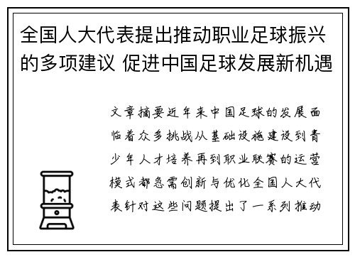 全国人大代表提出推动职业足球振兴的多项建议 促进中国足球发展新机遇